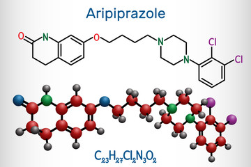 Aripiprazole, neurotransmitter, atypical antipsychotic drug  molecule. Structural chemical formula and molecule model.