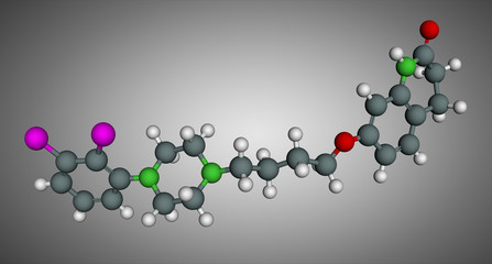 Aripiprazole, neurotransmitter, atypical antipsychotic drug molecule. Scale model.
