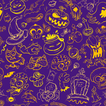 Halloween seamless pattern, hand drawn vector line graphic illustration with classic halloween elements © LP Design