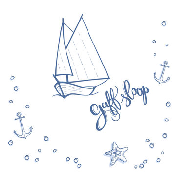 Hand-drawn gaff sloop and graphic elements on the theme of the sea and sailing. black and white sketch
