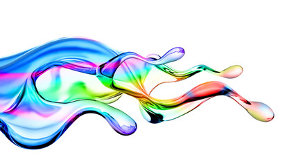 Splash of multi-colored transparent liquid. 3d illustration, 3d rendering.