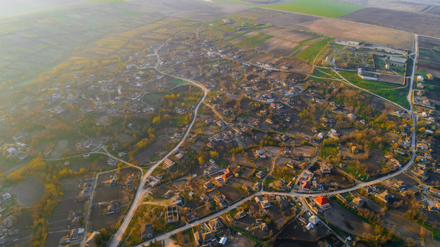A charming shot of a nice-looking village, aerial view.
