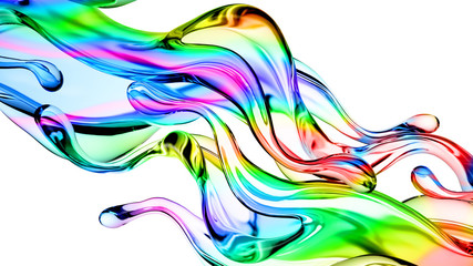 Splash of multi-colored transparent liquid. 3d illustration, 3d rendering.