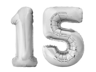 Number 15 fifteen made of silver inflatable balloons isolated on white background. Silver chrome...