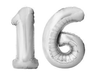 Number 16 sixteen made of silver inflatable balloons isolated on white background. Silver chrome...