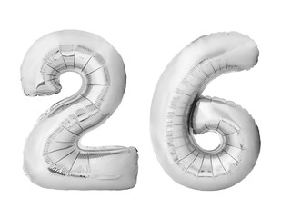 Number 26 twenty six made of silver inflatable balloons isolated on white background. Silver chrome helium balloons forming 26 twenty six number
