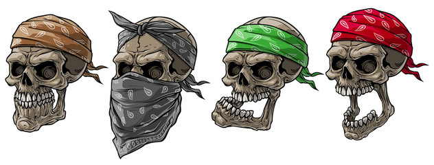 Cartoon detailed realistic colorful scary human biker or rapper skulls with bandana and scarf. Isolated on white background. Vector icon set. - obrazy, fototapety, plakaty