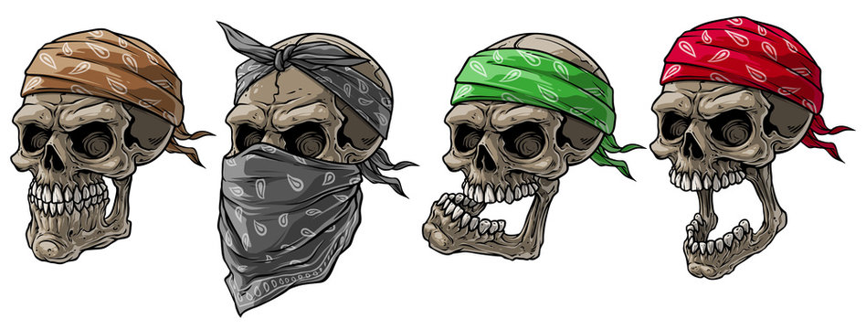 Cartoon detailed realistic colorful scary human biker or rapper skulls with bandana and scarf. Isolated on white background. Vector icon set.