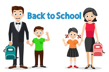 Parents take their children to school, characters on a white. Back to school.