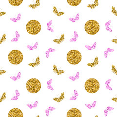 Gold glittering butterflies and dots with pink glittering butterflies seamless pattern on white background. Vector illustration.