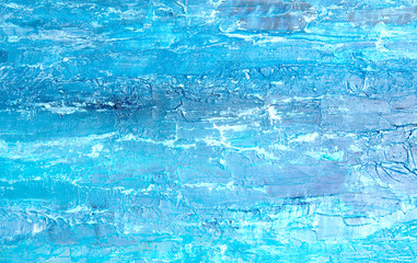 Blue oil painting, close up. Oily painting on canvas. Oily painting on canvas. Fragment. Textured painting. Abstract art background. Rough brushstrokes of paint.