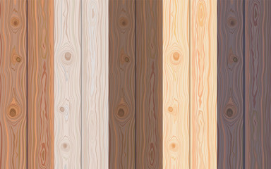 Fototapeta premium Set of Wooden striped textured background. Brown wooden wall, plank, table or floor surface. Cutting chopping board. Colorful natural boardwalk surface. Vector Illustration.