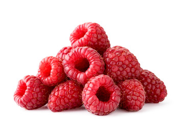 Heap of ripe raspberries in close-up on a white. Isolated.