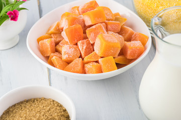 Organic polenta with milk and pumpkin.