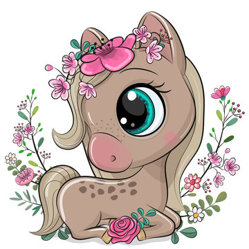 Cartoon Horse with flowers on a white background