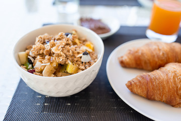 Fresh and delisious breakfast in hotel restaraunt.