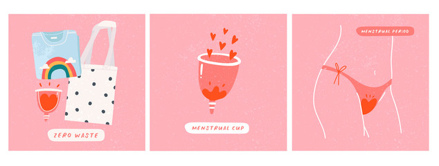 Menstruation theme. Period. Various feminine hygiene products. Zero waste objects. Panties, cups. T-shirt, shopping bag. Hand drawn vector illustrations. Everything is isolated