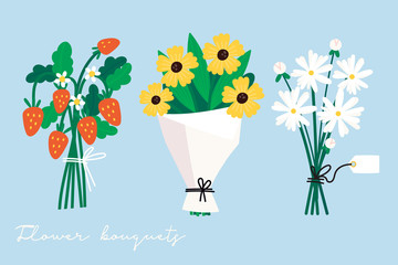 Hand drawn vector set of three various flower and berry bouquets. Camomile, wild strawberries. Colored trendy illustration. Flat design. Paper cut style. All elements are isolated