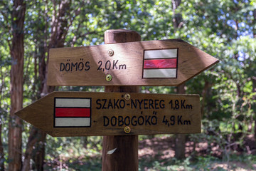 Signs of hiking paths in the Pilis mountains, Hungary.