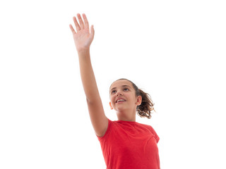 portrait of a young girl with her arm raised isolated on white background