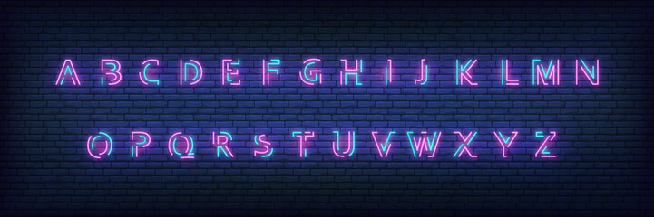 Neon alphabet font. Glowing neon colored 3d modern alphabet typeface © Stock Vector One