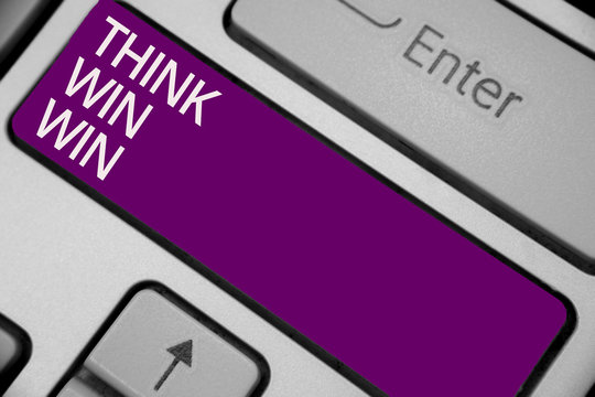 Text sign showing Think Win Win. Conceptual photo Business Strategy Competition Challenge Way to be success Keyboard purple key Intention create computer computing reflection document