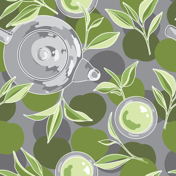 Green Tea Leaves,Tea Cup and Pot. Matcha Graphic Pattern on Grey Background