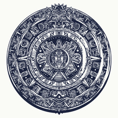 Aztec sun stone. Tattoo and t-shirt design. Mayan calendar. Mexican mesoamerican  monolith. Ancient hieroglyph signs and symbols