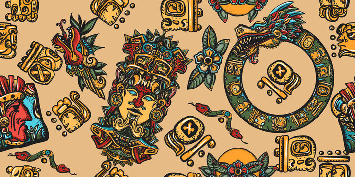 Mayan pattern. Ancient mexican civilization. Aztec, inca background. Golden glyphs, Kukulkan, totem, dragon, indian. Old school tattoo