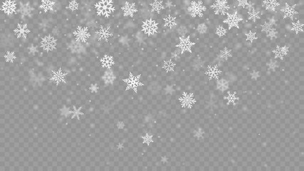 Christmas blurred illustration of complex defocused big and small falling snowflakes in white and gray colors with bokeh effect on transparent background