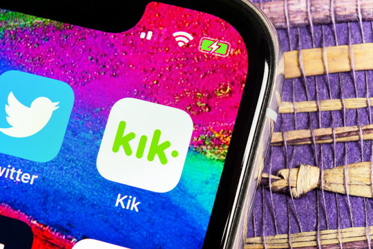 Sankt-Petersburg, Russia, February 17, 2019: Kik messenger application icon on Apple iPhone X screen close-up. KIK messenger app icon. Kik messenger mobile application. Social media network.