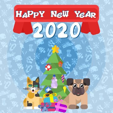 poster for the new year. cat with a dog near the New Year tree