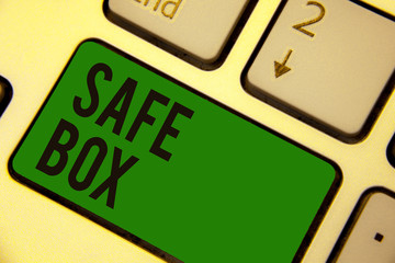Writing note showing Safe Box. Business photo showcasing A small structure where you can keep important or valuable things Keyboard green key Intention computer computing reflection document