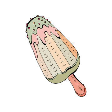 Colorful bright ice cream with cherry and mint. Vector objects on white background. Retro style. In isolation. Hand drawing.