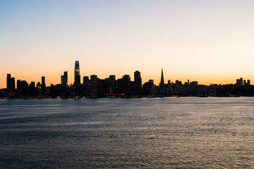 Panoramic beautiful scenic view of the San Francisco city silhouette at dusk, California