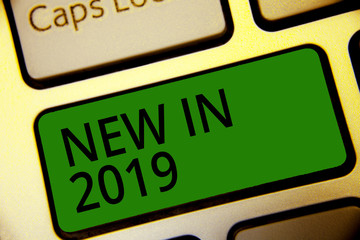 Handwriting text writing New In 2019. Concept meaning list of fresh things got introduced this year or the next Keyboard green key Intention create computer computing reflection document
