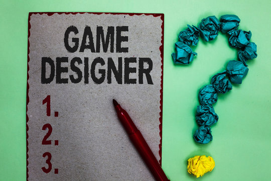 Handwriting text writing Game Designer. Concept meaning Campaigner Pixel Scripting Programmers Consoles 3D Graphics Gray paper marker crumpled papers forming question mark green background - Powered by Adobe