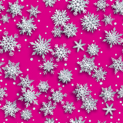 Christmas seamless pattern of white complex paper snowflakes with soft shadows on pink background