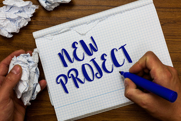 Conceptual hand writing showing New Project. Business photo showcasing individual enterprise that is planned to achieve particular aim Man holding marker notebook crumpled papers ripped pages