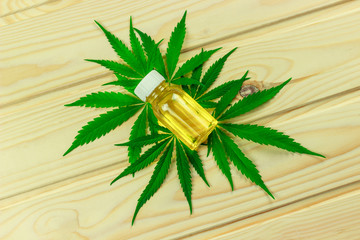 bottle of hemp oil among hemp leaves, bright wooden background	