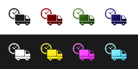 Set Logistics delivery truck and clock icon isolated on black and white background. Delivery time icon. Vector Illustration © vector_v
