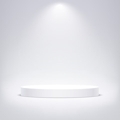 White round podium illuminated with light. Vector pedestal for product presentation.