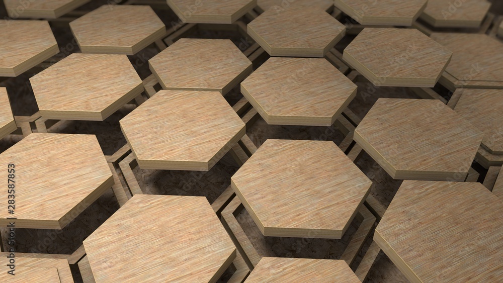 Poster 3d illustration of many wooden hexagons, honeycombs are located in different positions. background a