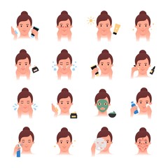 Daily skin care, beauty treatment vector icons set, flat style