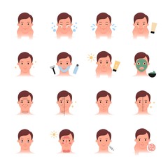 Men skin problems and care, beauty treatment vector icons set, flat color
