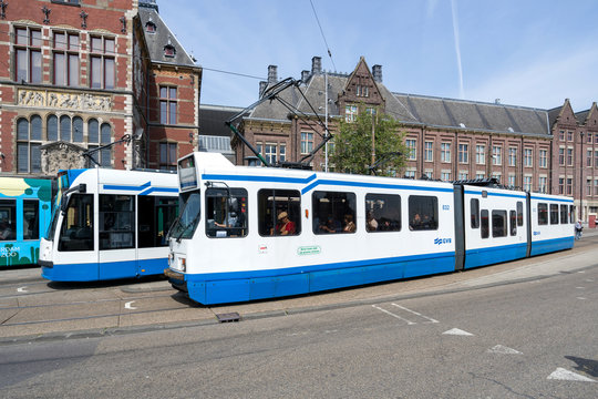 AMSTERDAM, THE NETHERLANDS - JULY 4, 2019: GVB tram. The Gemeentelijk Vervoerbedrijf (GVB) is the municipal public transport operator for Amsterdam, the capital city of the Netherlands.