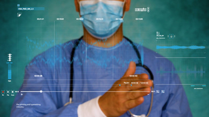 Doctor checking brain testing result, analysis with modern virtual interface in laboratory. Innovative technology in science and medicine. Concept: Futuristic medicine, The human body, Hologram, Brain