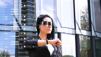 Innovation, technology and user concept. Woman using smart watch with digital business interface. Innovation, technology and user concept. 3D Rendering