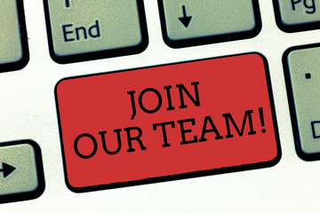 Writing note showing Join Our Team. Business photo showcasing Hiring Vacancy Human resource recruitment Manpower hunt.