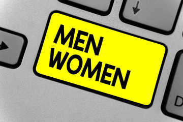 Writing note showing Men Women. Business photo showcasing The state where in a boy or a girl turns to be a mature adult Keyboard yellow key Intention computer computing reflection document